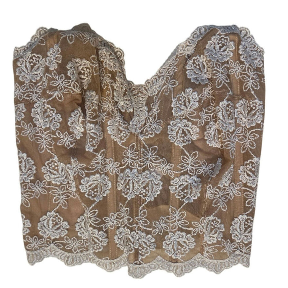 Vintage 90s Victoria’s Secret 38DD Floral Embroidered Lace Corset Bustier Nude